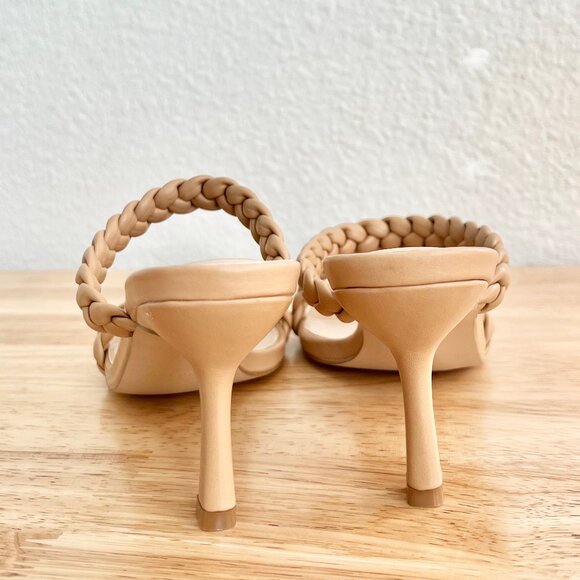 Women's 8.5 Nude Tan Beige Vegan Leather Braided Strappy Square Toe Sandal Heels - Picture 6 of 8